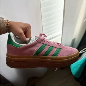 adidas Gazelle Platform Sneaker in Pink with Green Stripes